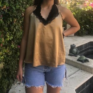 GOLD SILKY W LACE TRIMMING RAZORBACK TANK TOP